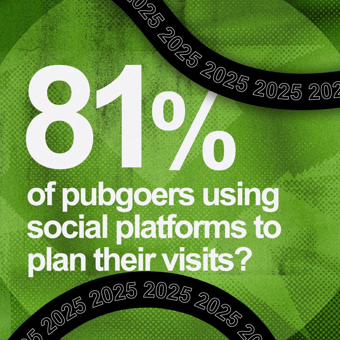 “81% of pubgoers using social platforms to plan their visits” written on a textured green background. 