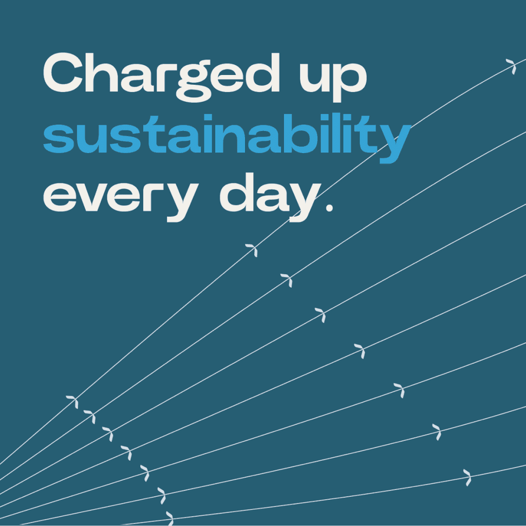 “Charged up sustainability everyday.” written over Sync Energy’s unique new line-based design pattern. 