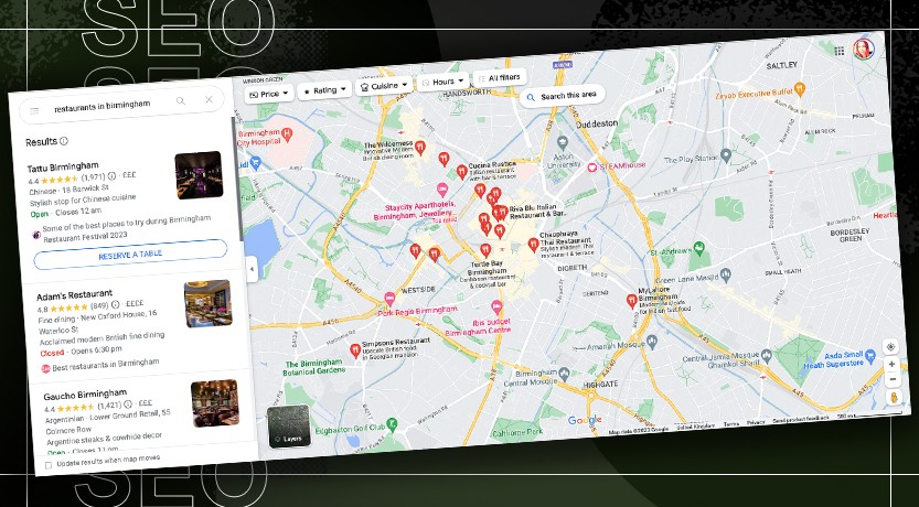 A screenshot of Google Maps giving business information for all the restaurants in central Birmingham that have a completed Google My Business profile.