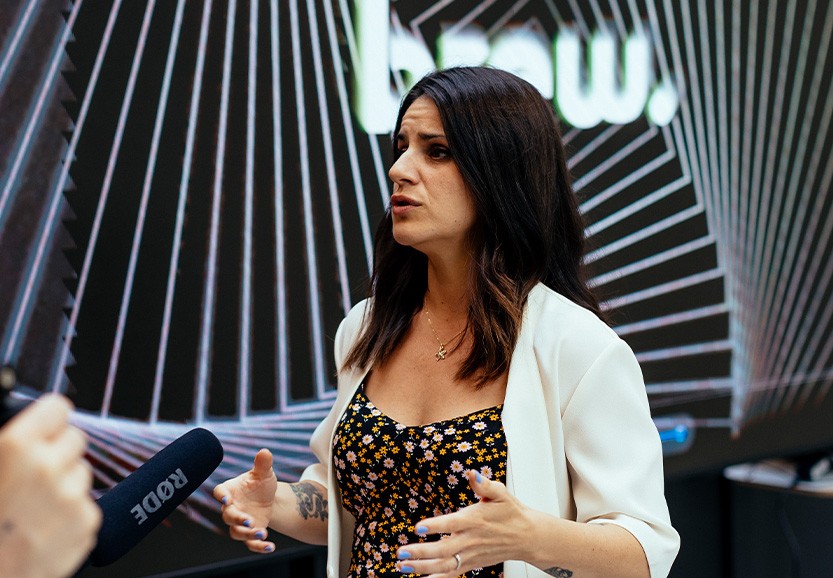 A photograph of Sophie Page-Britton, Brew�’s SEO specialist, speaking at the 2023 Brew Conference. 