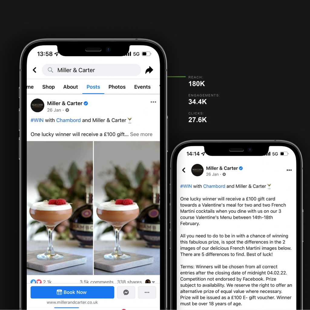 Two smartphones sit next to each other. Each smartphone screen displays a different social media post created by Brew Digital, the hospitality marketing agency.