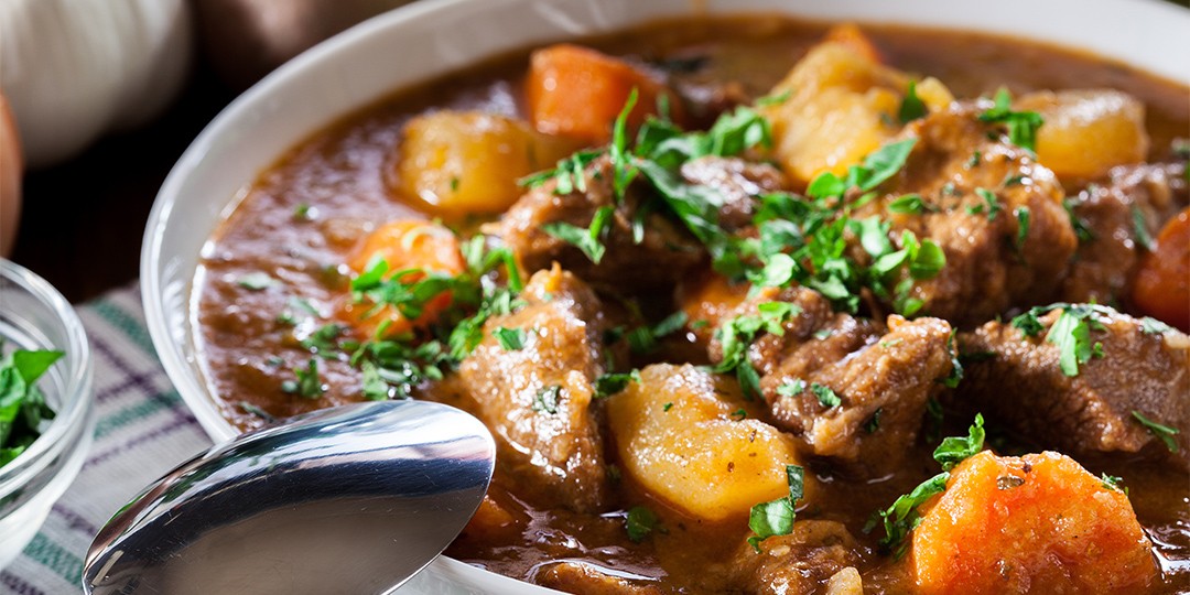 A hearty Irish stew, featuring meat, potatoes and veggies in a rich broth. 