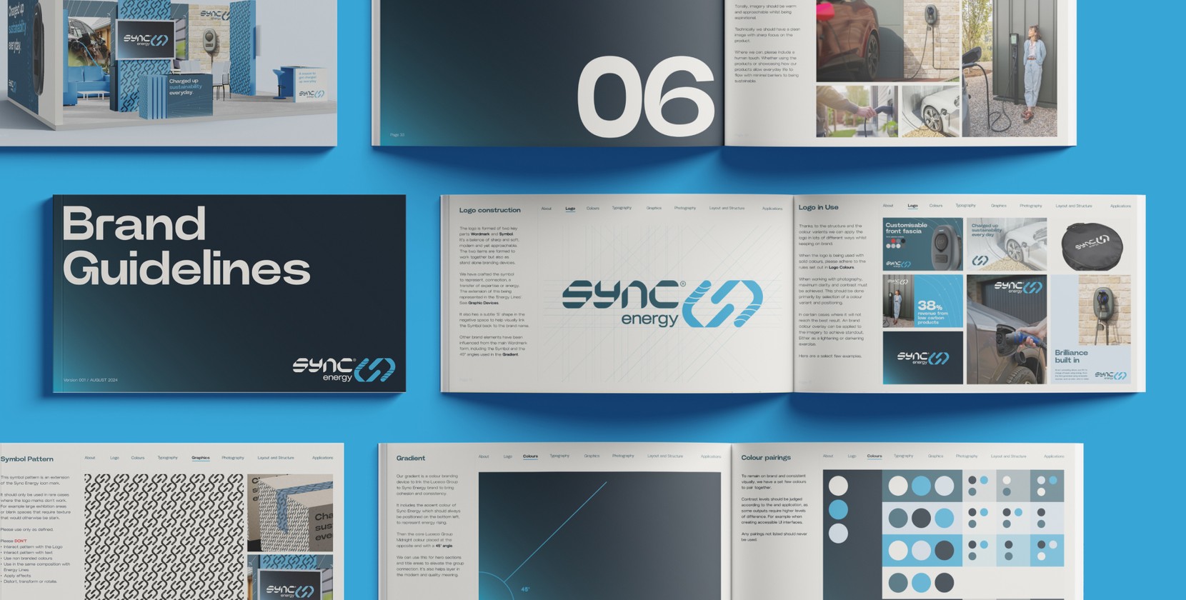 A mock-up of printed Brand Guidelines for Sync Energy, open and seen from above. 