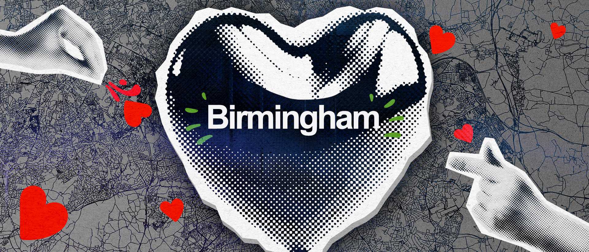 A stylised heart over a map of Birmingham; hands and hearts appear around the edges.