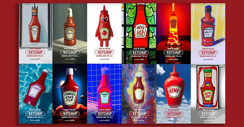A graphic showing rows of images of Heinz tomato ketchup generated by artificial intelligence. Each image has the text “This is what ketchup looks like to AI’ along the bottom and the images all show a different depiction of the product. 